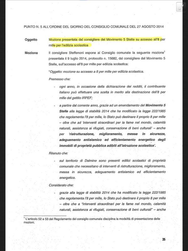 Punto 5: mozione del M5S per 8x1000 all'edilizia scolastica #opendalmine http://t.co/syHvQusm27